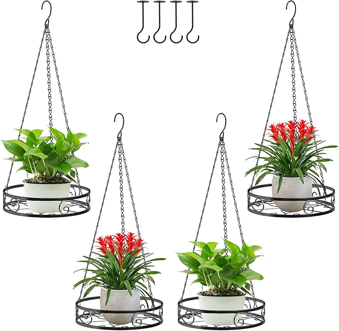 4-Pack Metal Hanging Planters for Outdoor Plants - Heavy Duty Hanging Baskets for Plants Outdoor with Chains and Long Hooks – Aesthetic Hanging Plant Holder for an Instant Indoor Gardening Decor