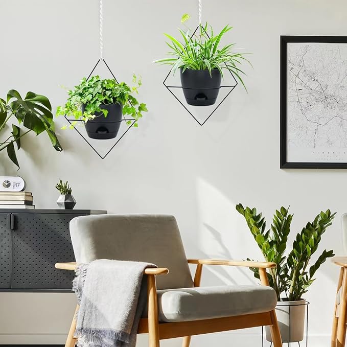 Hanging Planters for Indoor Plants, 2 Set Self Watering Hanging Flower Pots, Modern Hanging Plant Baskets with Metal Plant Holder & 6.5 Inch Plastic Pots for Garden Home Decor (Black)