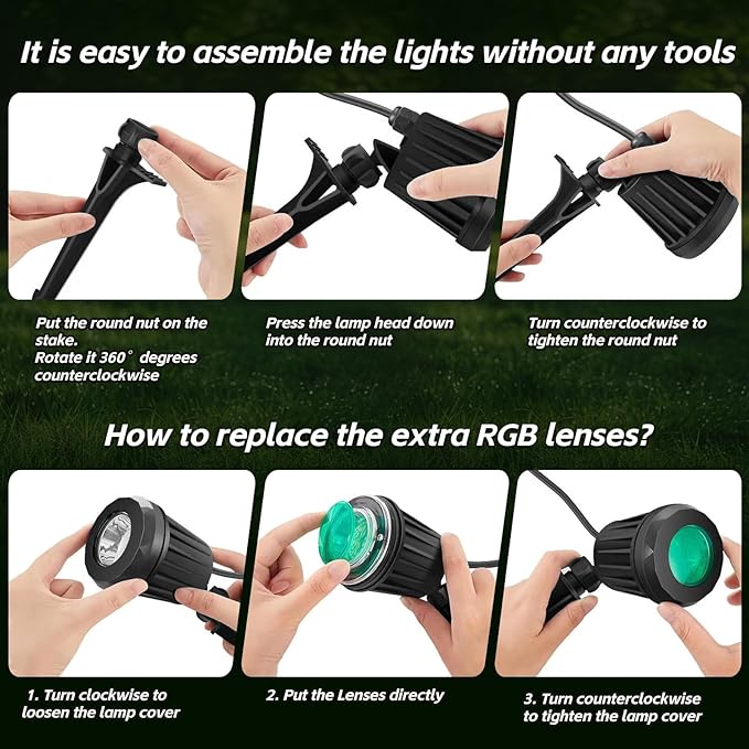 Spotlight Outdoor – 120V Plug-in, 2700K Warm White LED Landscape Spot Lights with RGB 3 Lenses for Yard, Garden, Lawn&Tree Decor, IP67 Waterproof, Perfect for Holidays&Everyday (2 Pack, Black)