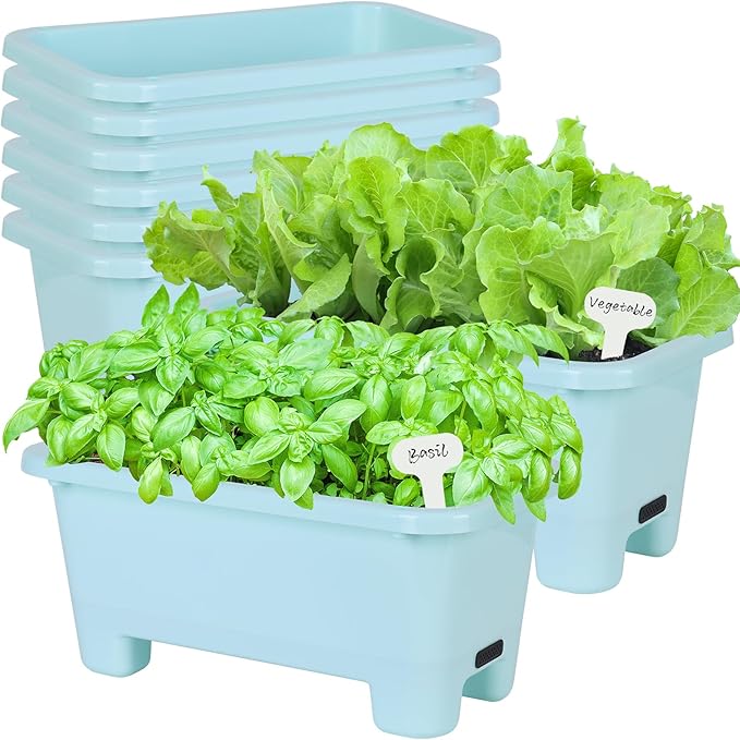 Self-Watering Rectangle Planter Boxes 8-Pack, 15.7-Inch Window Box Planter with Drainage Holes & Trays, Pots for Vegetables, Herbs, Flowers, Garden Windowsill Balcony (Sky Blue)