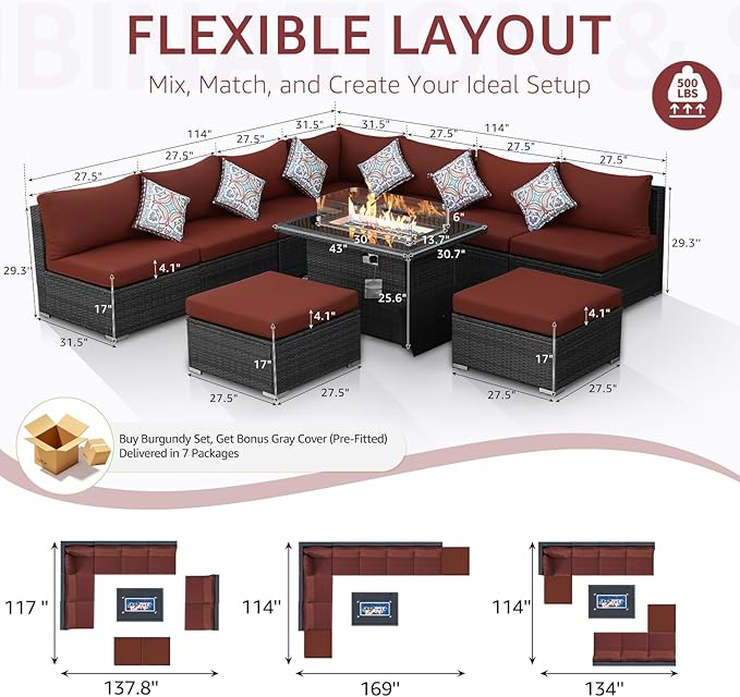NICESOUL Backyard Furniture Set with Firepits Natural Gas/Propane, 9 Seater XL Oversized Wicker Sectional Couches, 29.3'' High Back Comfy Deep Wide Outdoor Patio Sofa Set, 2 Color Cushion Red & Gray