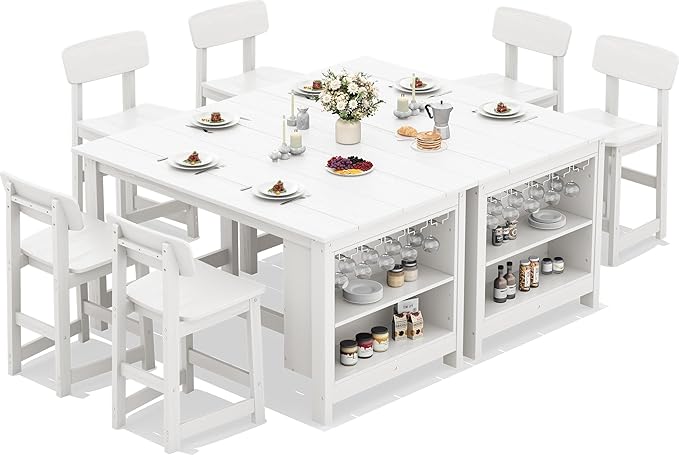 SERWALL 8-Piece HDPE Counter Height Dining Table Sets with Storage and Wine Rack, 2 Rectangular Bar Table with Bar Stools Set of 6 for Garden, Backyard, Kitchen, White