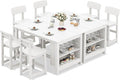 SERWALL 8-Piece HDPE Counter Height Dining Table Sets with Storage and Wine Rack, 2 Rectangular Bar Table with Bar Stools Set of 6 for Garden, Backyard, Kitchen, White