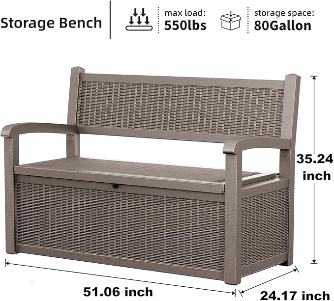 80 Gallon Outdoor Storage Bench Deck Box Waterproof Lockable,Outdoor Storage Furniture for Patio,Garden and Cushions(Gray)