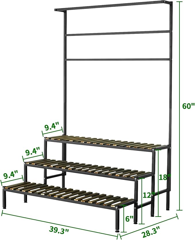 Large Plant Stand Indoor Outdoor, 3 Tier Heavy Duty Hanging Plant Stand with Bar, 60 Inch Tall Metal & Wood Ladder Shape Plant Shelf, Black Plant Display Rack Plant Shelves for Garden Patio Balcony