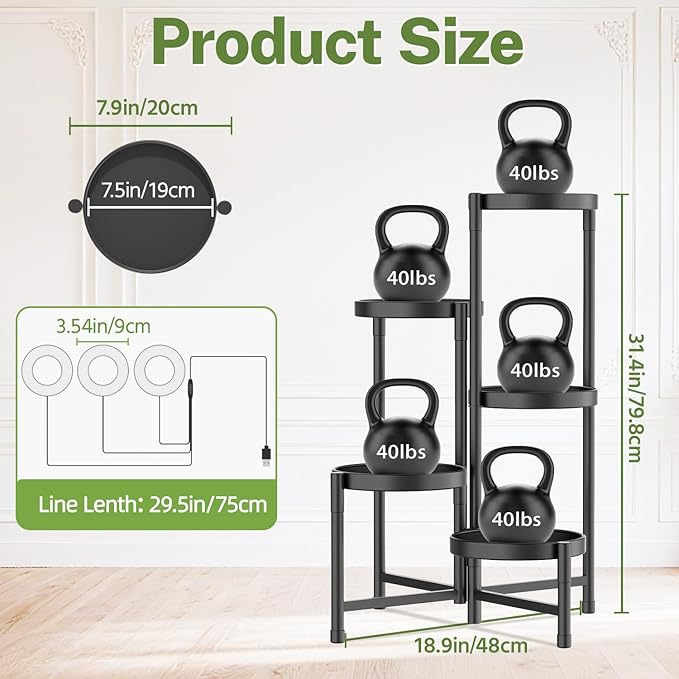 iDavosic.ly Plant Stand Indoor with Grow Light, 5 Tier Corner Metal Flower Display Holder Shelf, Easy Assembly Folding Tall Orchid Rack for Patio Balcony Porch Garden Living Room House, Black