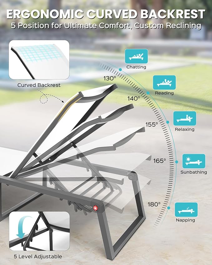 Aluminum Chaise Lounge Chair Outdoor, Foldable & Assembly Free Patio Pool Lounge Chairs 5-Position Recliner for Outside Poolside, Fully Grounded Legs Sun Lounger for Beach, Yard, Bright White