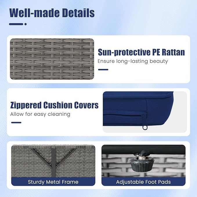 Tangkula Patio Rattan Daybed with 4-Level Adjustable Backrest, Outdoor PE Wicker Loveseat with Storage Ottoman & Folding Side Table, Double Sunbed for Balcony, Backyard & Poolside, Navy & Grey