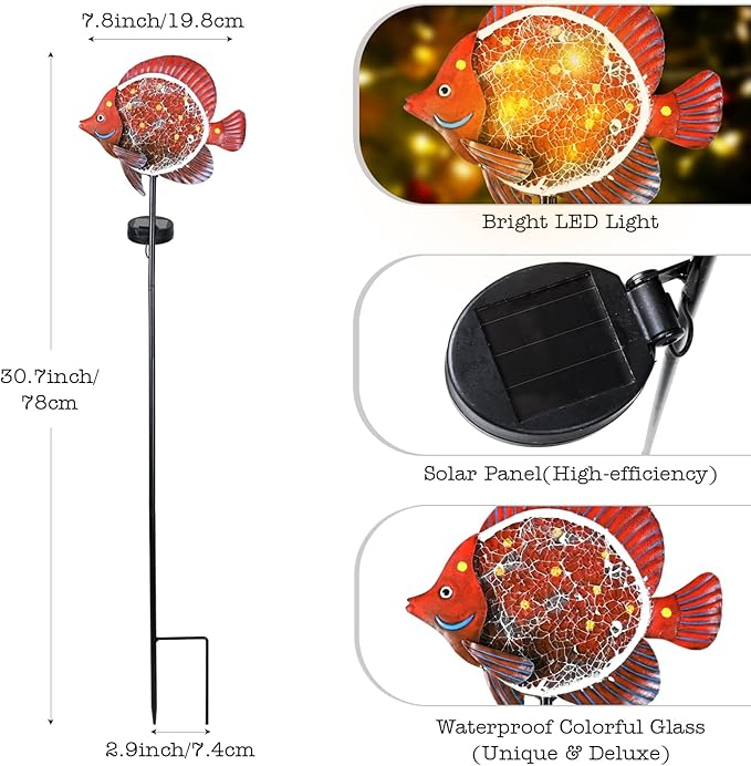 Yiosax-Solar Outdoor Lights Decorative-Yard Outdoor Decorative - Garden Stakes Clownfish Decorative Waterproof 7 LED Light Decor Ocean Beach Theme for Garden Lawn Path Yard Decoration Gift Idea, Red