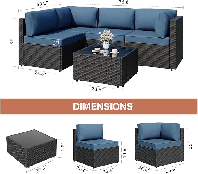 JAMFLY Patio Furniture Sets, 6-Piece Outdoor Patio Furniture with 43'' Propane Gas Fire Pit Table, Wicker Outdoor Conversation Set Sectional Sofa for Backyard, Poolside, Garden, Aegean Blue