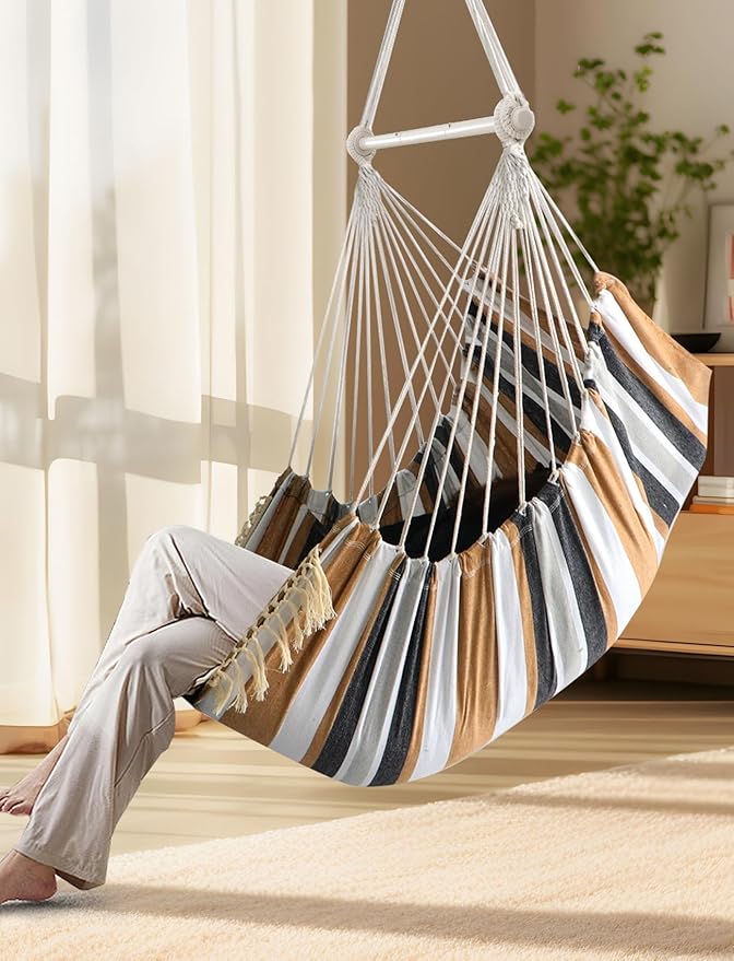 Chihee Hammock Chair Hanging Swing Max 500 Lbs 2 Cushions Included Metal Spreader Bar with Anti-Slip Grooves Portable Hanging Chair Side Pocket Large Macrame Bohemian Chair Indoor Outdoor