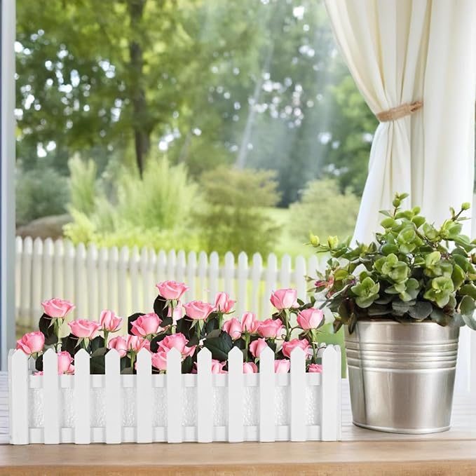 YARDWE Picket Fence Panels Wooden Picket Fence Flower Pot Window Box Planter Garden Planter with Fence Design for Artificial Flower Plants Picket Fence