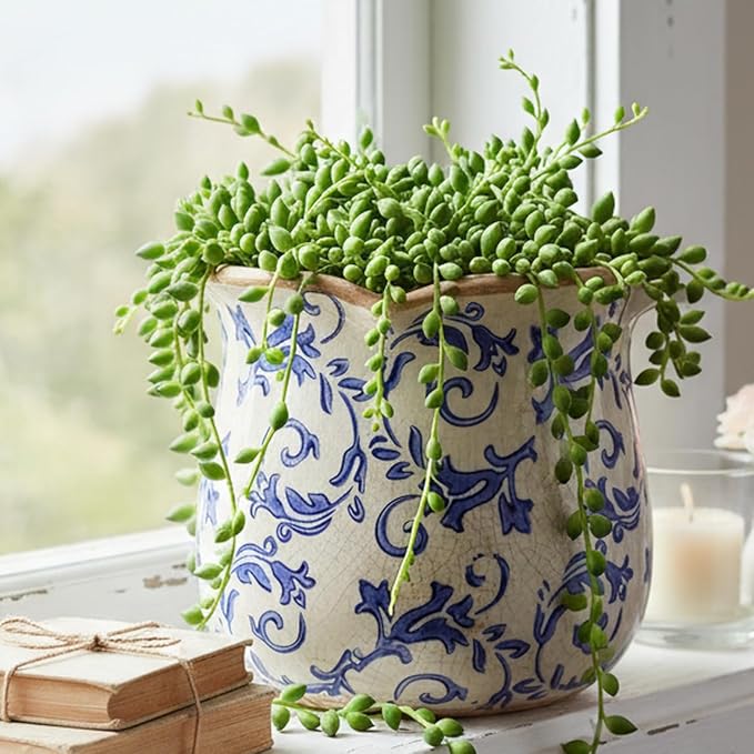 Retro Distressed Ceramic Flower Pots, Antique Crackle Glaze Planters with Drainage for Indoor Plants, Blue and White Chinoiserie Pottery Vase for Living Room Balcony Office Decor, Gardening Gifts