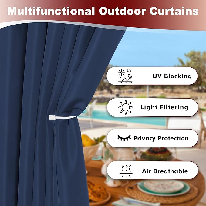 HolidayIdeas Grommet Outdoor Curtains for Patio Waterproof 8 Pcs All Weather Balcony Outside Curtains for Apartments, Gazebo, Pergolas, Porch, 54x95 Inch, Navy
