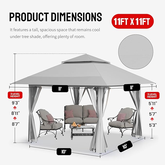 CROWN SHADES 11X11 Outdoor Pop Up Gazebo Base 10X10 Patio Gazebos Patented Center Lock Quick Setup Newly Designed Storage Bag Instant Canopy Tent with Mosquito Nettings (11x11, Gray)