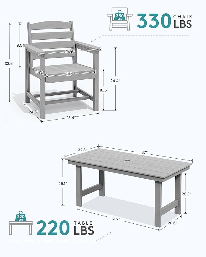 SERWALL 67" Outdoor Dining Table - HDPE All-Weather Rectangular Patio Table with Umbrella Hole, Light Gray