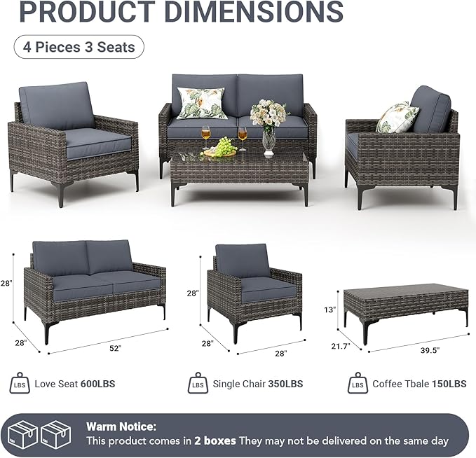 Jing's Villa 4-Piece Outdoor Sectional Sofa Set, All-Weather Wicker Patio Furniture with L/R Armrest & Tempered Glass Table, Comfortable Garden Conversation Set for Backyard, Poolside, Deck,Grey