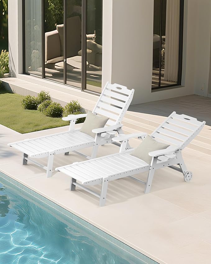 Carauci Lounge Chair Outdoor Set of 2, HDPE Chaise Lounge with Wheels, 5-Position Adjustable Backrest & 2 Cup Holders Patio Lounge Chair, All-Weather Pool Sun Lounger for Poolside, Backyard, White