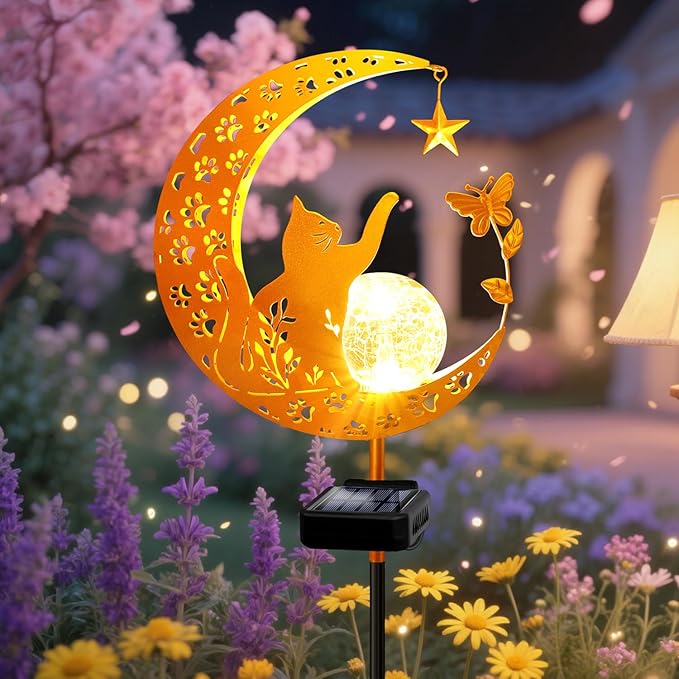 YJFWAL Garden Solar Cat Lights Pathway Stake Lights Glass Globe with Moon Cat Decor, Christmas Gift for Mom Grandma Friends, Outdoor Decor Light Waterproof for Walkway, Patio or Garden (Warm White)