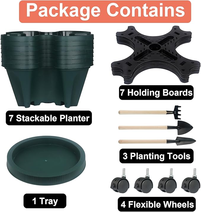 GameXcel Vertical Planter 7 Tier Stackable Planters Garden Planters Strawberry Herb Flower and Vegetable Planter Indoor Outdoor Gardening Pots with Removable Wheels and Tools - Green