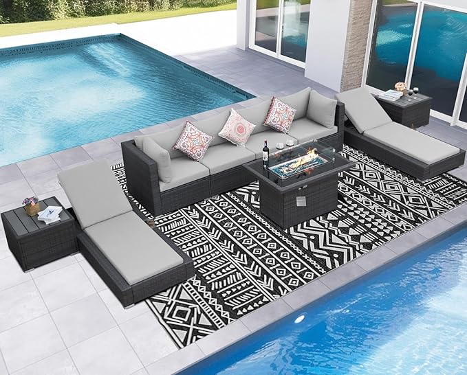 NICESOUL 9 Piece Patio Set with Fire Pit Table Natural Gas/Propane, 29.3'' High Backrest XL Large Outdoor Furniture with Firepit & Chaise Lounge, Wide & Deep Seating Wicker Sectional, Light Grey