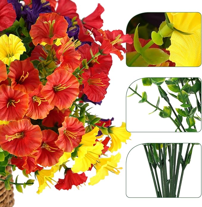 Artificial Flowers for Outdoors, UV Resistant Fake Silk Morning Glory, Realistic Faux Plants for Outside Porch Patio Window Box Hanging Planter (16, Orange)
