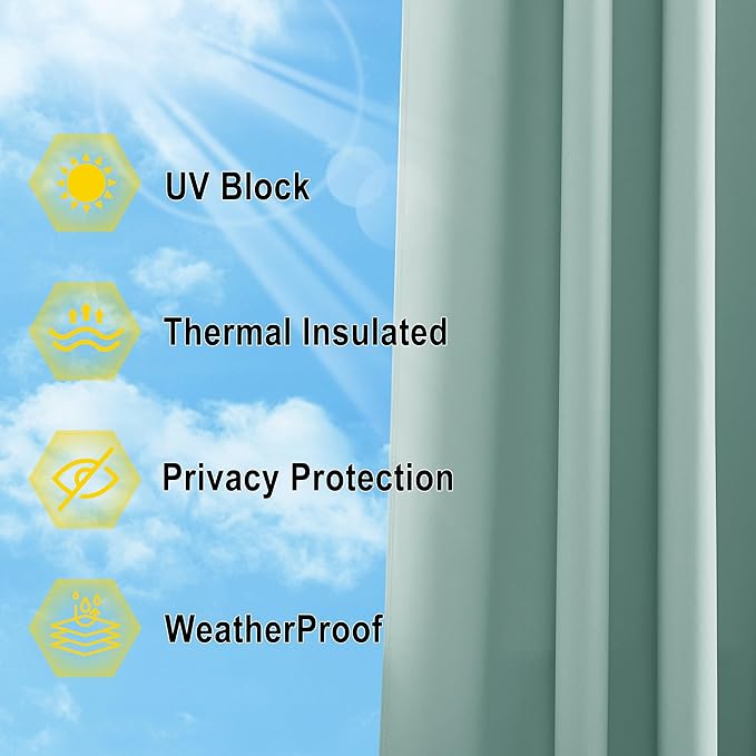 NICETOWN Outdoor Curtain for Patio Waterproof Extra Wide 84 inch, Sun Blocking Vertical Blinds Thermal Insulated Stainless Grommet for Front Porch/Gazebo/Lanai, Aqua Blue, 1 Piece, 84 inch L