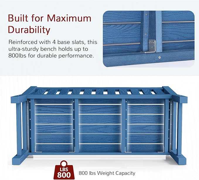 Stoog Outdoor Bench, 2-Person All-Weather HIPS Plastic Garden Bench with 800lb Capacity, Never Rot or Fade, Used for Patio, Porch, Backyard, Blue