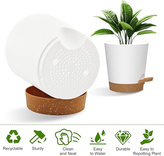 Self Watering Pots, 7/6.5/6/5.5/5/4 inch Flower Pots with Multi Mesh Drainage Holes, Small Platic Planters for Indoor Outdoor Garden Plants and Flowers (Whtie with Brown Tray, 7"+6.5"+6"+5.5"+5"+4")