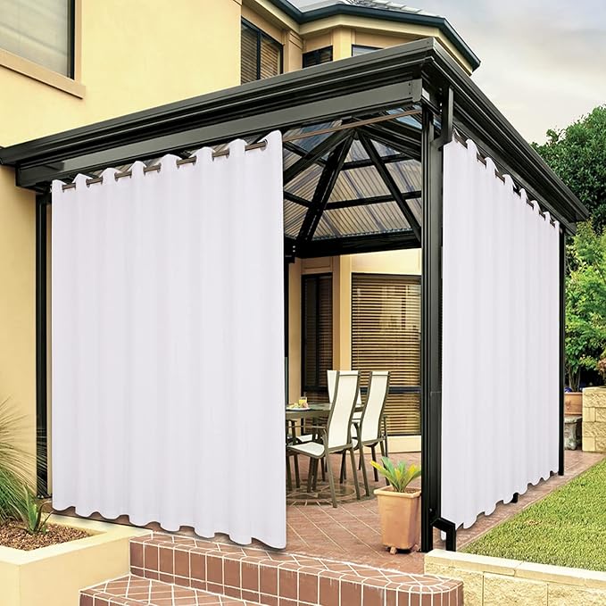 BONZER Wide Waterproof Outdoor Curtains for Patio Heavy Privacy Light Filtering Grommet Outside Curtains for Porch, Pergola, Gazebo, 1 Panel, 110W x 84L inch, White