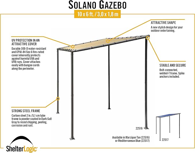 ShelterLogic 10' x 6' Solano Gazebo Canopy Charcoal Carbon Steel Frame and Water-Resistant and Sun Protection Tan Cover