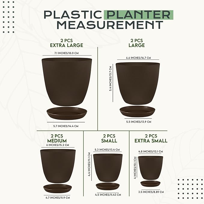 Utopia Home - Plant Pots Indoor with Drainage - 7/6.6/6/5.3/4.8 Inches Home Decor Flower Pots - Pack of 10 Plastic Planters for Indoor Plants, Cactus, Succulents Pot - Brown
