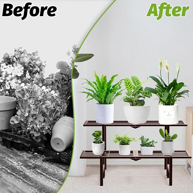 2 Tier Plant Stand Indoor Outdoor, Foldable Metal Separated Ladder Plant Stands, Plant Shelf Multiple Flower Pot Holder Display Shelving for Garden Living Room Patio,Brown