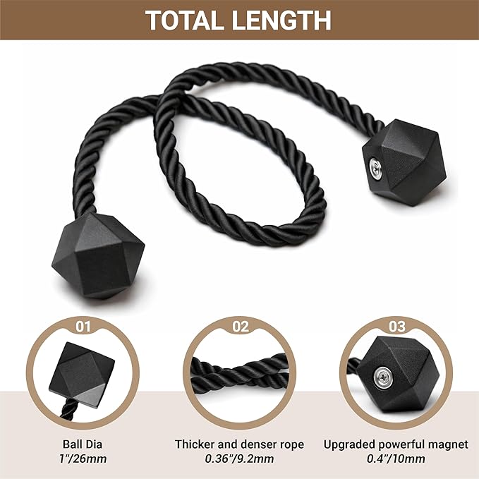 Hion Magnetic Curtain Tiebacks Black 2pcs, Curtain Tiebacks Buckles Holdbacks Holders Hooks Clip for Home Bedroom Office Decorative Curtain