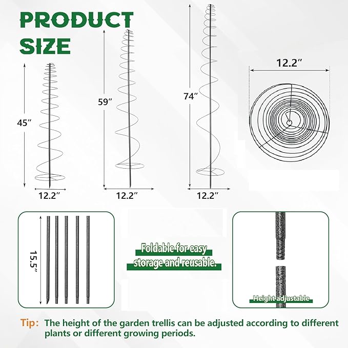 72in Tall Spiral Frame Trellis for Climbing Plants Outdoor, Heavy Duty Metal Garden Plant Tower, Rustproof Support for Pole Bean Cucumber Sweet Peas Clematis Vines, Anti-Tip Pot Indoor Decor, 1 Pack