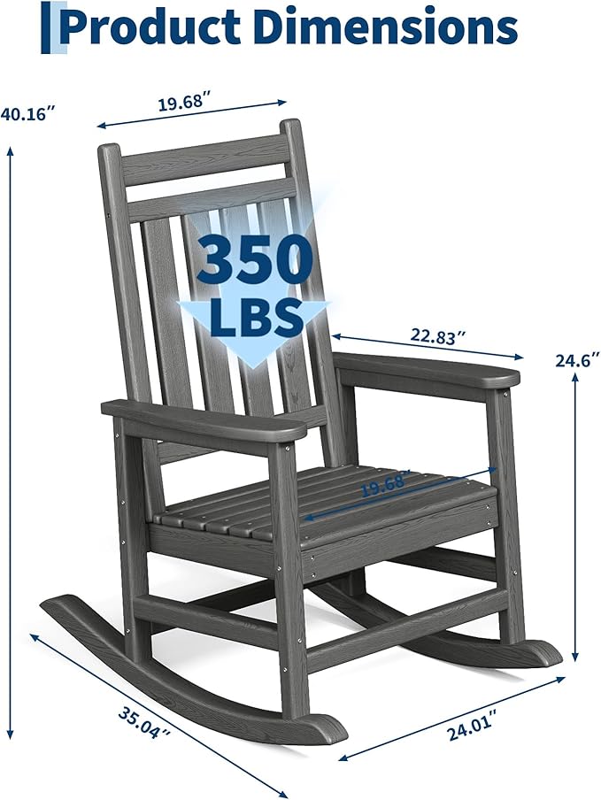 HDPE Rocking Chair Outdoor Set of 2 - Poly High Back Porch Rocker Chairs for Adults - All Weather Resistant Furniture for Patio Front Porch - Gray