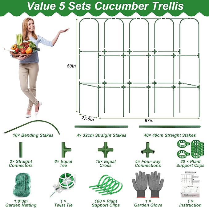 67 x 50 Cucumber Trellis for Raised Bed, U-Shape Metal Large Garden Trellis for Climbing Plants Outdoors with Netting, Garden Tools, Cucumber Arch Trellis for Vegetable Fruit Flower Plant Support