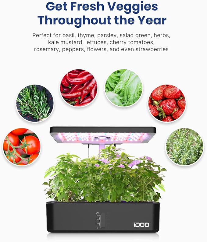 iDOO Hydroponics Growing System Kit 12Pods, Indoor Herb Garden System, with LED Grow Light, Built-in Fan, Auto-Timer, Adjustable Height Up to 11.3", for Home School, for Women Mom, for Christmas Gifts