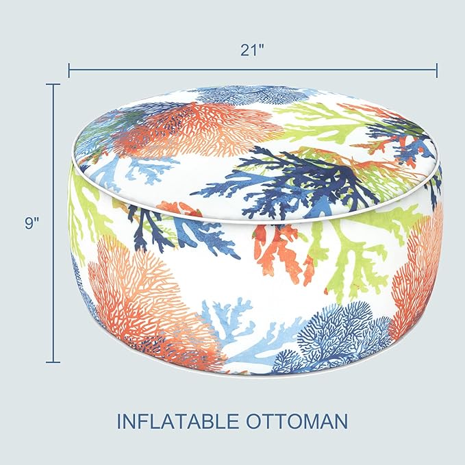 LVTXIII Outdoor Inflatable Footrest Stool, Patio Water Repellent Ottoman with Handle, Portable Round Ottoman Pouf for Garden, Balcony or Home Use, 21x21x9 Inch, Coral Multi