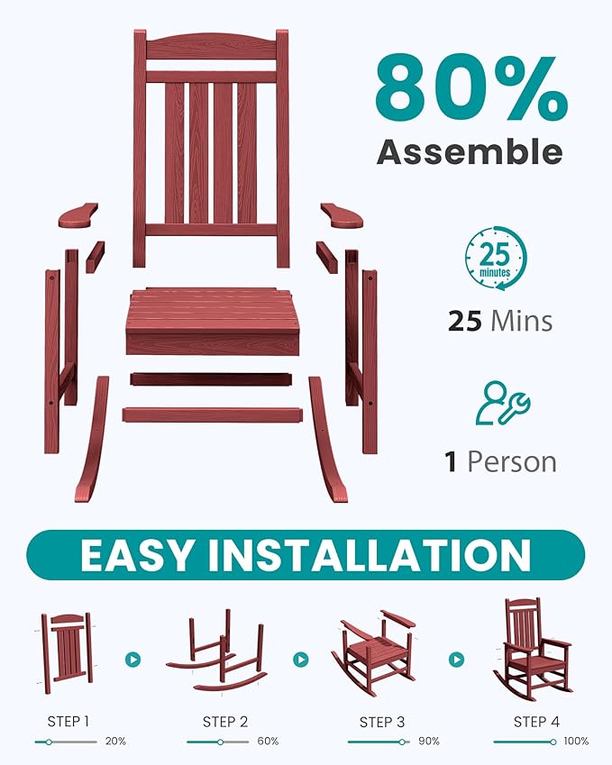 SERWALL Patio Rocking Chairs Set of 4, HDPE Outdoor Rockers for Adults, Oversized All-Weather Porch Rocking Chairs, Red