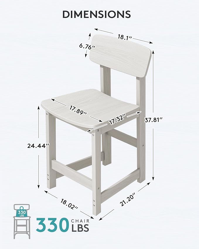 SERWALL Outdoor Bar Stools Set of 2, All Weather HDPE 25" Counter Height Bar Stools with Back, Outdoor Armless Barstools for Patio, Garden, Backyard, Balcony, Poolside, White