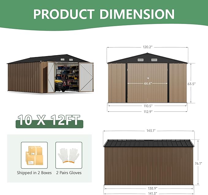 Devoko 10x12 FT Outdoor Storage Shed, Large Metal Storage Sheds with Lockable Door, Utility Garden Tool Shed with Sloping Roof, Outside Steel Storage Sheds for Patio Lawn Backyard, Brown