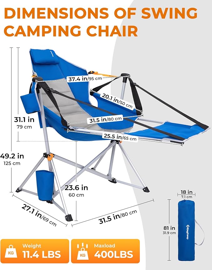 KingCamp Hammock Chair with Footrest – Heavy Duty Swinging Rocking Camping Chairs for Adults up to 400lbs, Folding Portable Oversized Rocker with Cup Holder & Pillow for Outdoor Beach Lawn RV Sports