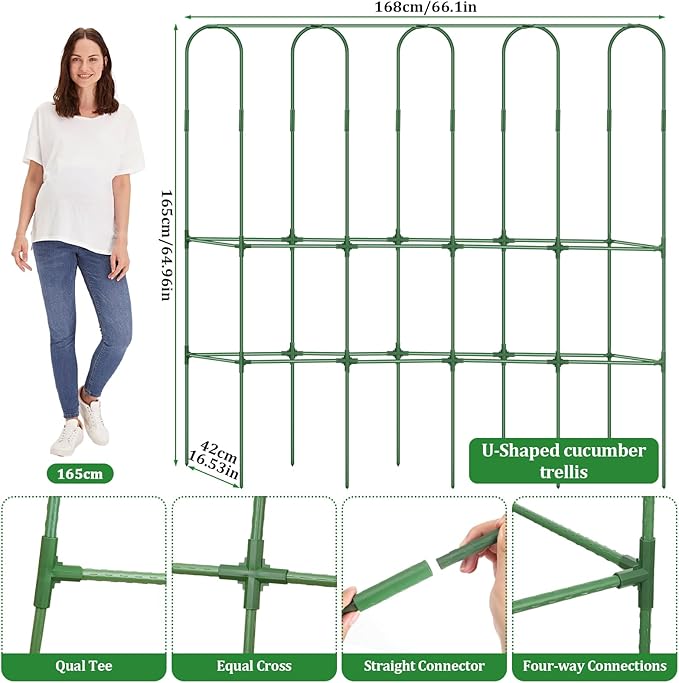 Cucumber Trellis for Raised Bed 5.4x5.5ft U-Shape Adjust Metal Garden Trellis for Climbing Plants Outdoor with Climbing Net Vegetable Arch Trellises Support Plant for Tomato Pea Fruit Squash Trellises