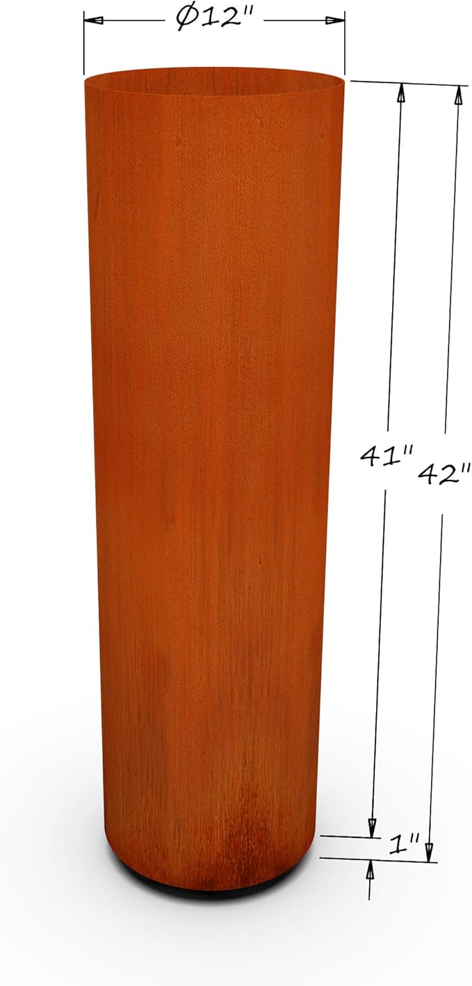 Plantercraft Large Round Planters for Outdoor Plants - 42 Inch Tall Corten Steel Planter - Extra Large Outdoor Planters for Modern Patio, Deck & Entryway | 12" Dia x 42" H