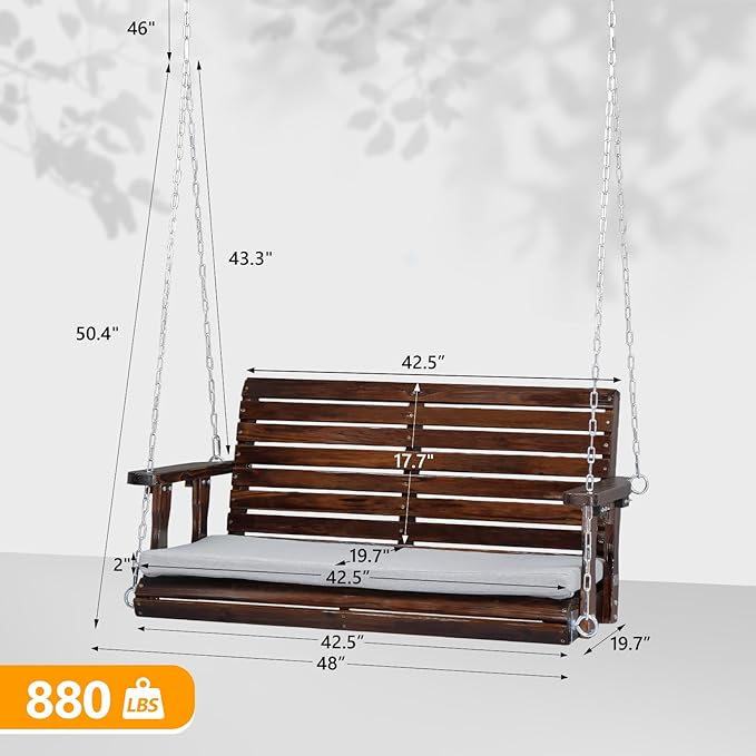 VINGLI Outdoor 4 FT Porch Swing, Heavy Duty 880 LBS Wooden Patio Swings with Cushions, Farmhouse Style Hanging Bench with Adjustable Chains for Yard | Garden | Lawn | Balcony, Rustic