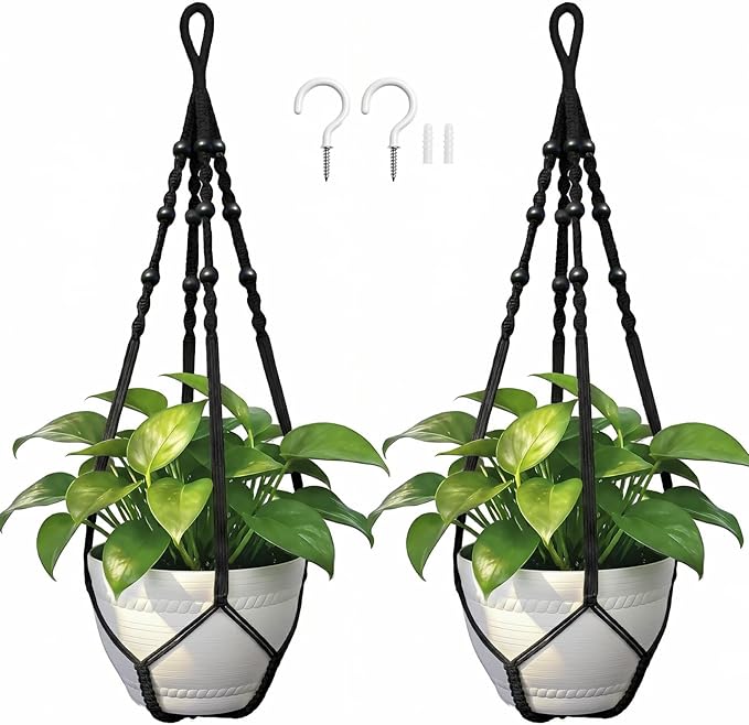 Macrame Plant Hanger, Up to 4-15 inch Pots, Wood Beads Cotton Hanging Planter Holder for Indoor Outdoor Boho Home Decor, 35 Inch, Set of 2 (Black)
