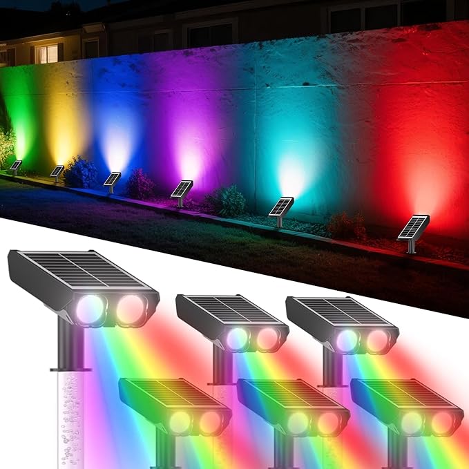 RGB Solar Spot Lights Outdoor with PC Light Guide Column, 8 Lighting Modes Christmas Landscape Lighting, IP65 Waterproof Solar Color Changing Lights Outdoor for Garden Yard Tree Pathway, 6Pack