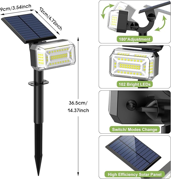 102 LED Solar Spot Lights Outdoor Waterproof IP65, Adjustable Landscape Spotlights, [2 Pack/4 Modes] Auto On/Off Solar Powered Flood Lights for Outside Yard Garden Wall Pathway (Cool White)