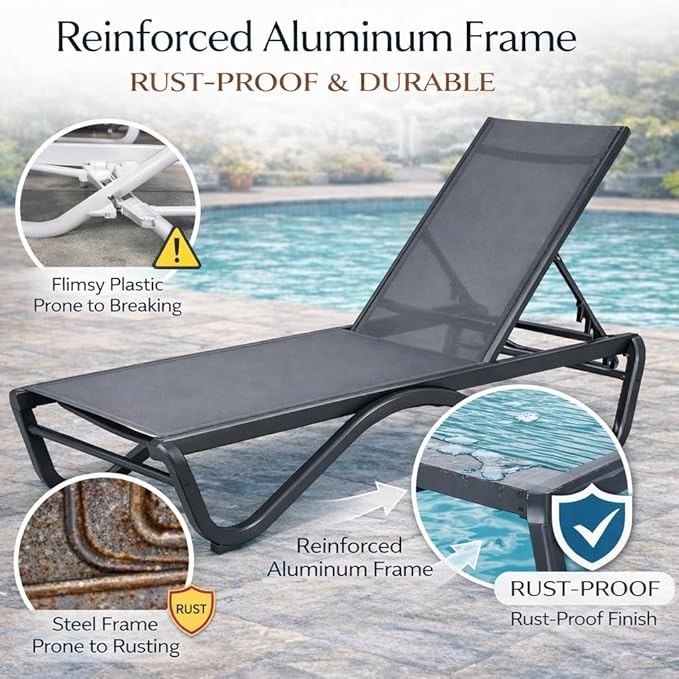 Kozyard Outdoor Chaise Lounge Chair, Full Flat Adjustable Patio Lounger with Aluminum Frame & Resin Legs, Textilene Fabric for Poolside, Backyard & Beach (Gray, 2Chairs)